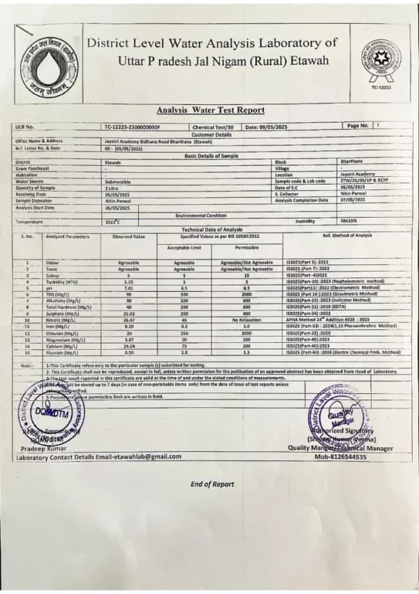 Safe Water & Sanitation Certificate Page 1